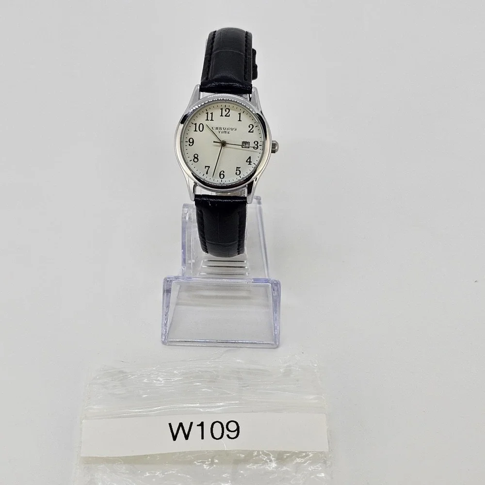 Women's Analog Watch 30MM White Dial Date NEW Black Leather Bands NEW Battery